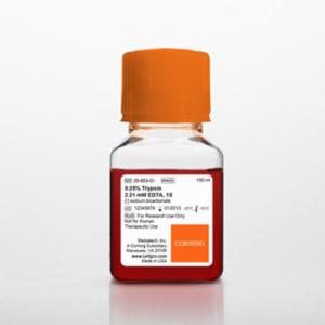 Corning 100 mL Trypsin EDTA 1x, 0.25% Trypsin/2.21 mM EDTA in HBSS [-] sodium bicarbonate, calcium, magnesium, Porcine Parvovirus Tested 25-053-CI
