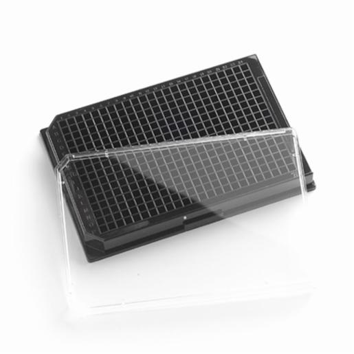 Porvair Sciences 384 Well 120 µl Polystyrene, Black  F bottom assay plate, TC Treated, With Lid 223509